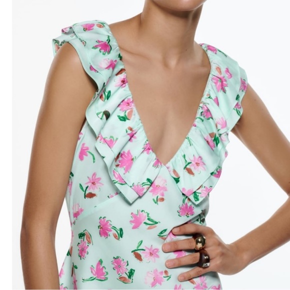 Mint Green Floral Satin Midi Dress - Picture 6 of 7